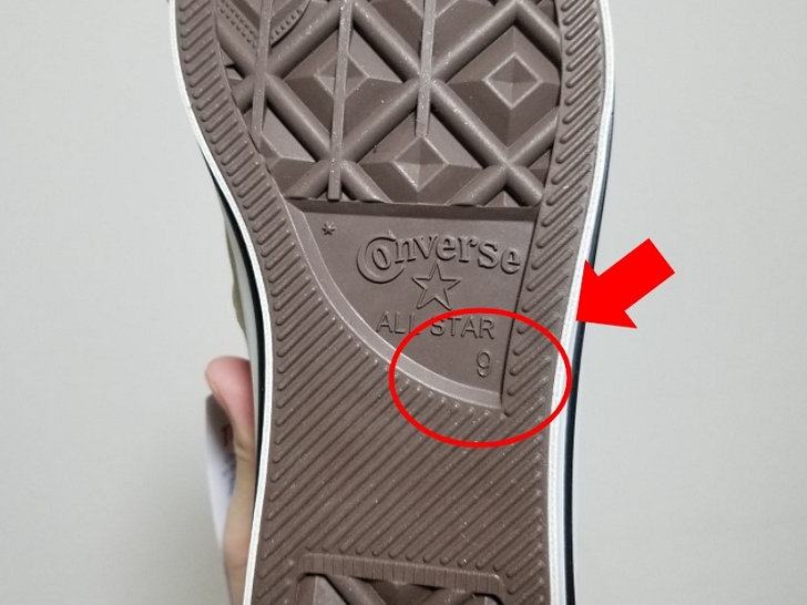 コンバースの靴の裏のサイズ表記